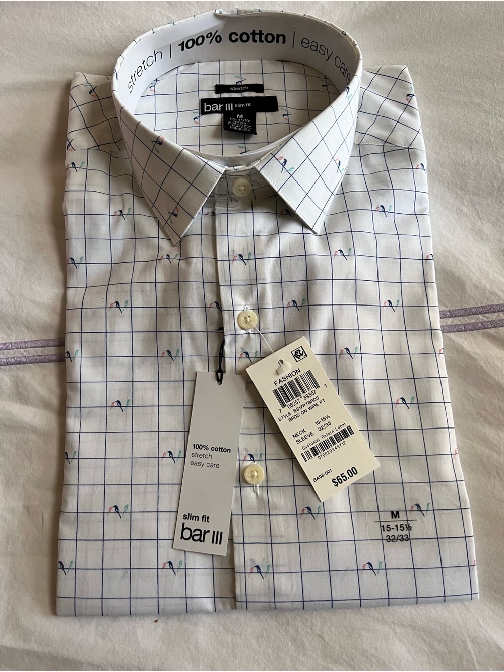 Bar III White Dress Shirt with Blue Windowpane and Multicolor Micro Accent